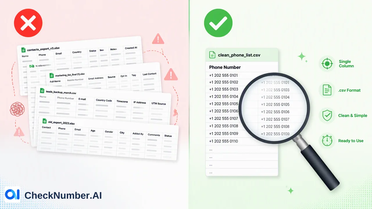 A practical workflow guide for technical teams on formatting CSV and TXT files for bulk phone number and email list processing, verifying data compatibility, and selecting the correct intelligence signal.