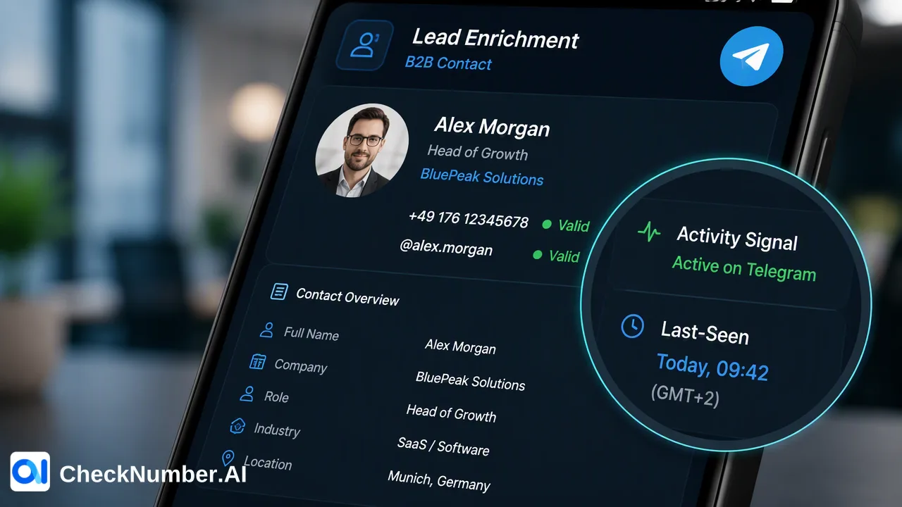 CheckNumber.AI toplu sorgulama araçlarını kullanarak Telegram ve WhatsApp hesap varlığını ve aktivite sinyallerini belirleyip B2B müşteri adaylarını nasıl önceliklendireceğinizi öğrenin.
